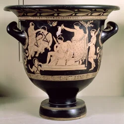 Crátera de figuras rojas del ático que representa a Orestes como suplicante en el santuario de Apolo en Delfos